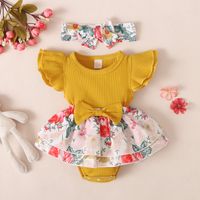 Fashion Baby Sunken Stripe Flounced Sleeve Floral Rompers Jumpsuit sku image 5