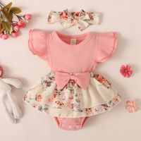 Fashion Baby Sunken Stripe Flounced Sleeve Floral Rompers Jumpsuit sku image 9