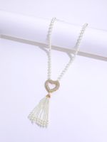 Fashion Simple Copper Plating 18k Gold Inlaid Zircon Pearl Heart Long Tassel Necklace main image 2