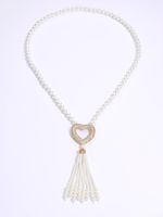 Fashion Simple Copper Plating 18k Gold Inlaid Zircon Pearl Heart Long Tassel Necklace main image 3