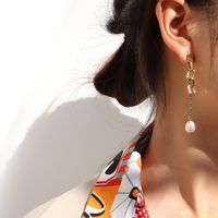 Marka French Style Ins Ornament Imitation Baroque Chain Fresh Water Pearl Earrings Titanium Steel 18k Earrings F352 sku image 2