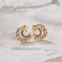 Fashion Copper Plated 18k Gold Micro Inlaid Zircon C-type Moon Star Ear Studs Earrings main image 4