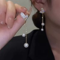 Fashion Simple Heart Pearl Long Tassel Female Alloy Earrings main image 3