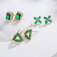 New Style Copper Plating 18k Gold Micro Inlaid Zircon Emerald Geometric Stud Earrings main image 1