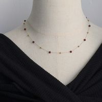 Fashion Gold Bead Chain Natural Garnet Short Titanium Steel Necklace sku image 1