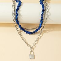 Multi-layer Lapis Lazuli Chain Lock Pendent Geometric Women's Necklace sku image 2