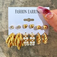 Inlaid Pearl Twist Ladies Alloy Set 6 Creative Retro Gold Heart Shaped Earrings sku image 4