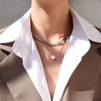 Retro Lettering Square Pendent Double-layered Titanium Steel Chain Freshwater Pearl Necklace sku image 4