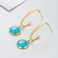 Fashion Titanium Steel Dripping Oil Inlaid Turquoise Round Pendant Earrings main image 4
