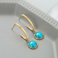 Fashion Titanium Steel Dripping Oil Inlaid Turquoise Round Pendant Earrings sku image 2