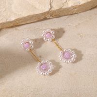 2022 New 18k Gold Plated Stainless Steel Woven Purple Pearl Flower Crystal Earrings main image 4