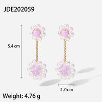 2022 New 18k Gold Plated Stainless Steel Woven Purple Pearl Flower Crystal Earrings sku image 1