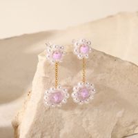 2022 New 18k Gold Plated Stainless Steel Woven Purple Pearl Flower Crystal Earrings main image 3