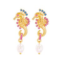 Fashion New Colorful Seahorse Rhinestone Pearl Creative Retro Ornament Alloy Earrings sku image 2