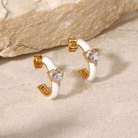 New Stainless Steel White Dripping Oil Heart Inlaid Zircon Earrings main image 1