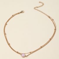 Fashion Simple Bead Opal Crystal Stone Pendant Double Layer Clavicle Chain Necklace sku image 1