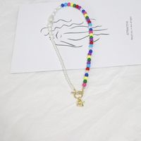 Rainbow Beaded Smiley Love Bear Pendant Pearl Stitching Necklace sku image 1