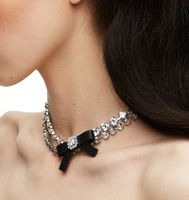 Leather Bow Zircon Collar Double Layer Full Rhinestone Necklace main image 1