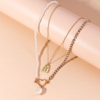 Fashion Pearl Stitching Chain Padlock Pendant Double-layer Necklace main image 2
