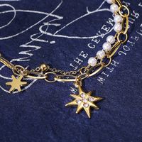 Perle De Mode Strass Incrusté 7-pionted Étoiles Pendentif 14k Or Plaqué Titane Acier Bracelet main image 4