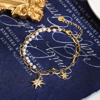 Perle De Mode Strass Incrusté 7-pionted Étoiles Pendentif 14k Or Plaqué Titane Acier Bracelet main image 1