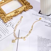 Fashion Pearl Rhinestone Inlaid 7-pionted Star Pendant 14k Gold Plated Titanium Steel Bracelet main image 3
