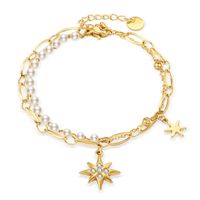 Perle De Mode Strass Incrusté 7-pionted Étoiles Pendentif 14k Or Plaqué Titane Acier Bracelet main image 2