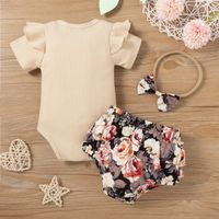 Girls' Rib Fabric Letter Print Flounced Sleeve Romper Bud-shaped Pants Three-piece Set main image 2