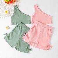Summer Girls Sleeveless Solid Color One-shoulder Tops Pants Children's Set main image 1