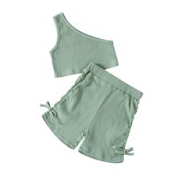 Summer Girls Sleeveless Solid Color One-shoulder Tops Pants Children's Set sku image 2