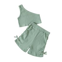 Summer Girls Sleeveless Solid Color One-shoulder Tops Pants Children's Set sku image 3