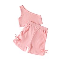 Summer Girls Sleeveless Solid Color One-shoulder Tops Pants Children's Set sku image 7