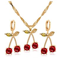 Simple Cute Fruit Gem Cherry Shaped Inlay Diamond Set Necklace Earrings sku image 1