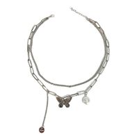 Simple Style Double-layer Butterfly Pendant Necklace Pearl Tassel Clavicle Chain main image 5