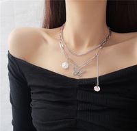 Simple Style Double-layer Butterfly Pendant Necklace Pearl Tassel Clavicle Chain sku image 1