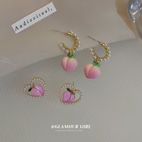 Cute Pink Peach Shape Pearl Alloy Pendant Stud Earrings main image 1