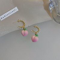 Cute Pink Peach Shape Pearl Alloy Pendant Stud Earrings sku image 1