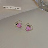Cute Pink Peach Shape Pearl Alloy Pendant Stud Earrings sku image 2