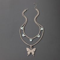 Fashion New Alloy Double-layer Butterfly Pendant Rhinestone Necklace main image 5