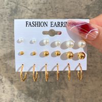 Europe And America Cross Border New Love Heart Earrings 6-piece Set Creative Pearl Diamond Gold Round Ring Earrings Set Earring sku image 4