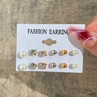 Europe And America Cross Border New Love Heart Earrings 6-piece Set Creative Pearl Diamond Gold Round Ring Earrings Set Earring sku image 1