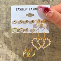 Europe And America Cross Border New Love Heart Earrings 6-piece Set Creative Pearl Diamond Gold Round Ring Earrings Set Earring sku image 19