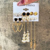Europe And America Cross Border New Love Heart Earrings 6-piece Set Creative Pearl Diamond Gold Round Ring Earrings Set Earring sku image 27