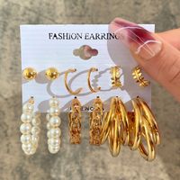 Europe And America Cross Border New Love Heart Earrings 6-piece Set Creative Pearl Diamond Gold Round Ring Earrings Set Earring sku image 20