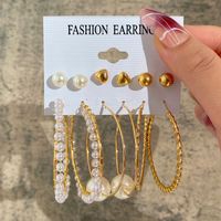 Europe And America Cross Border New Love Heart Earrings 6-piece Set Creative Pearl Diamond Gold Round Ring Earrings Set Earring sku image 18