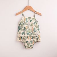 Fashion Summer New Baby Suspender Leaf Printed Romper Jumpsuit sku image 12