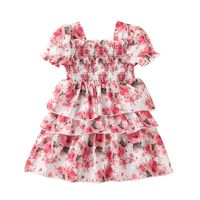 Fashion 2022 Summer Girls' Short-sleeved Floral A-line Dress sku image 3