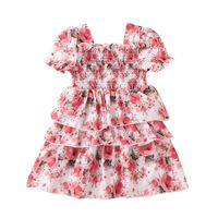 Fashion 2022 Summer Girls' Short-sleeved Floral A-line Dress sku image 5