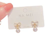 Simple Opal Bow Pearl Pendant Earrings Elegant Short Earrings sku image 1