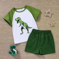 Children's Boys' Summer Casual Sports Cartoon Green Dinosaur Animal Cute Printed Shorts Suit sku image 3